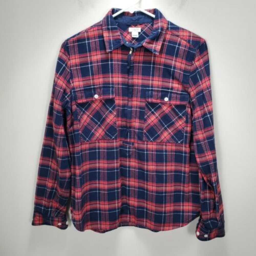 J Crew Factory 1/3 Zip Flannel Popover Buffalo Check Sz S blue‎ red coral